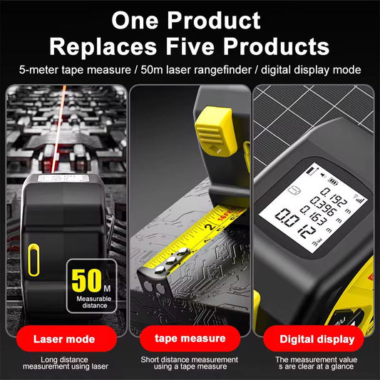 2-in-1 Laser Tape Measure 50m/5m – High Precision Digital Laser Distance Meter with 5m Steel Tape, LCD Backlit Display (±2mm, Model AC-90)