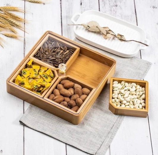 Luxury Bamboo Ramadan Date Box with Acrylic Lid | Islamic Eid Candy, Nuts & Dry Fruit Serving Tray | Elegant Home Decor Organizer