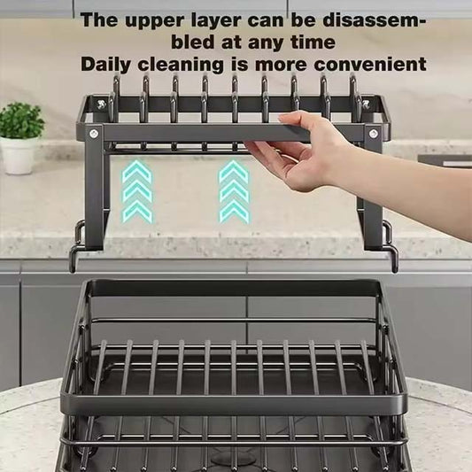 Adjustable Dish Drying Rack – Kitchen Plate Organizer with Drainboard for Over-Sink & Countertop Cutlery Storage