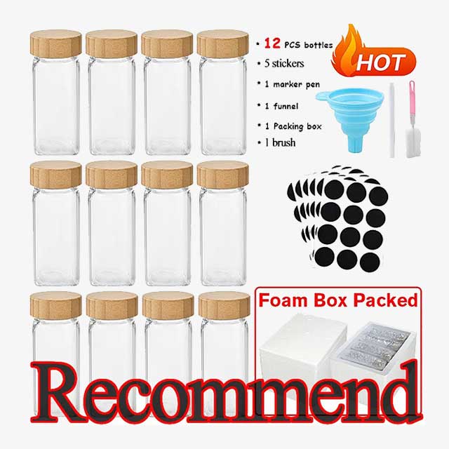 12 PCS Glass Spice Jars with Wooden Lids – Airtight, Elegant Storage Containers for Spices & Herbs