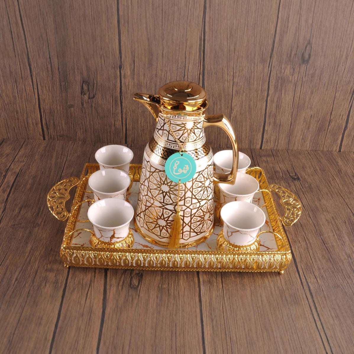 Luxury Arabic Coffee Thermos Set – 1L Double-Wall Glass Vacuum Flask with 6 Arabic Coffee Cups & Decorative Serving Tray