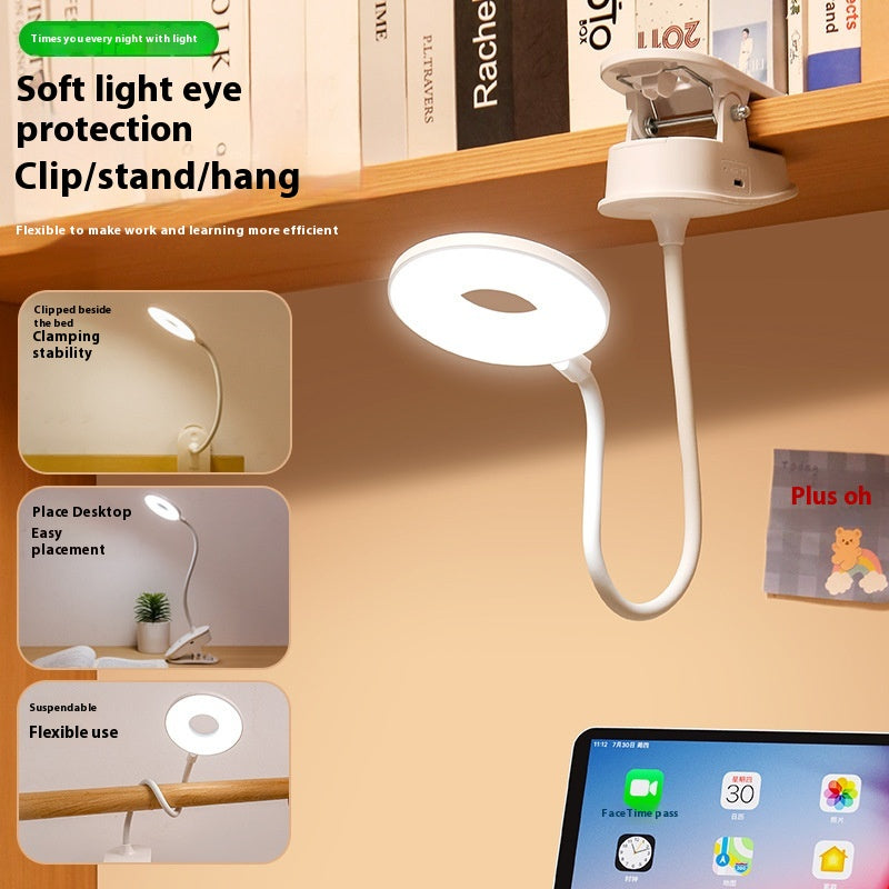 Rechargeable LED Clip-On Desk Lamp – Flexible Gooseneck Reading Light with Touch Dimming, Eye-Caring Ring Light & Portable Clamp Lamp