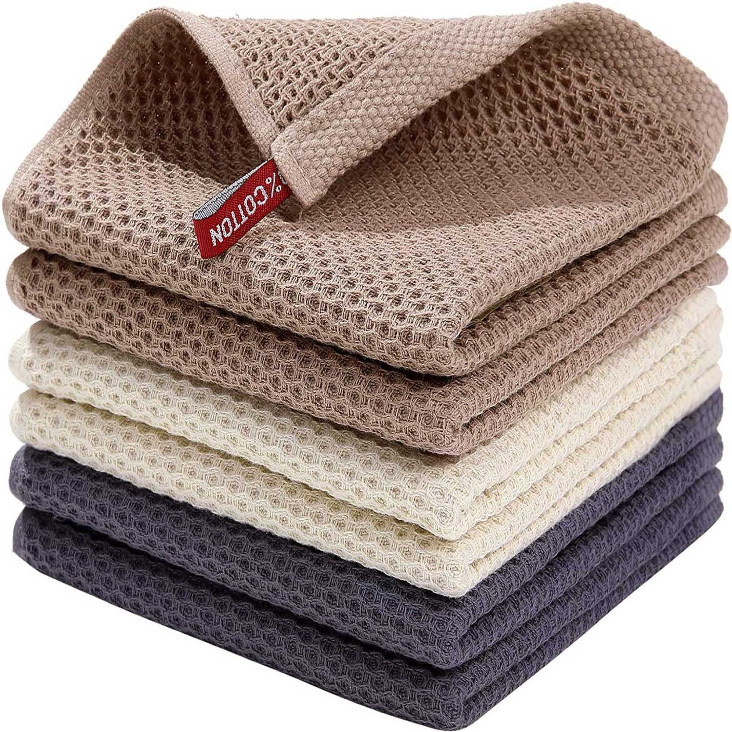 100% Cotton Waffle Weave Kitchen Towels – Eco-Friendly Honeycomb Dish Cloths for Cleaning, Drying & Household Use (Brown, White & Grey)