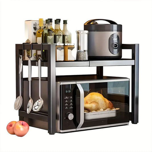 LANTUTU Expandable Microwave Oven Rack – 2-Tier Stainless Steel Countertop Organizer with 6 Hooks for Kitchen Storage – Perfect Mother’s Day Gift