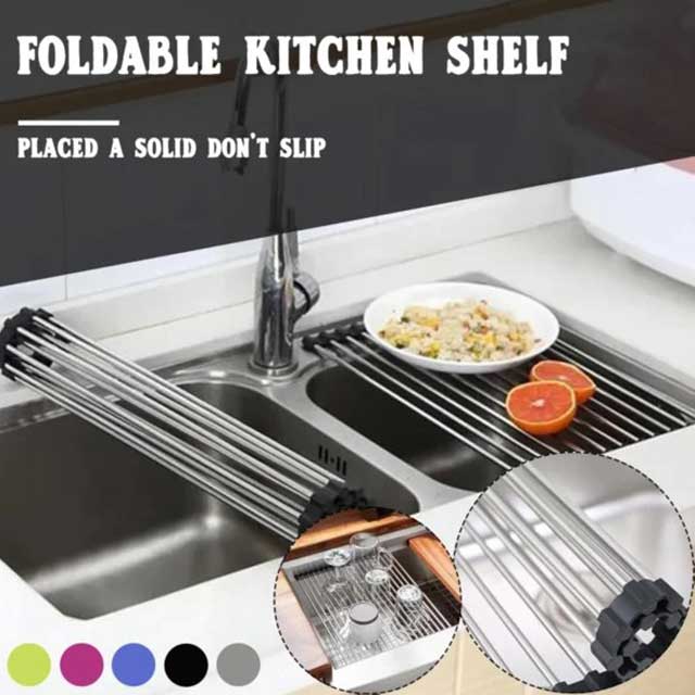 Over The Sink Roll-Up Dish Drying Rack – Multi-Functional Sheet Pan, Bottle Food Drainer, and Sieve Drainer Basket