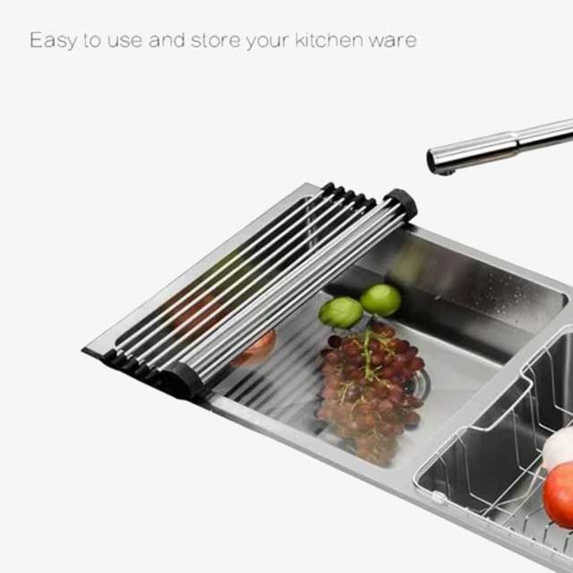 Over The Sink Roll-Up Dish Drying Rack – Multi-Functional Sheet Pan, Bottle Food Drainer, and Sieve Drainer Basket