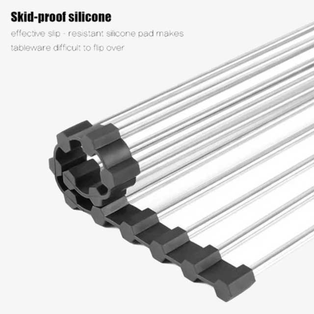 Over The Sink Roll-Up Dish Drying Rack – Multi-Functional Sheet Pan, Bottle Food Drainer, and Sieve Drainer Basket