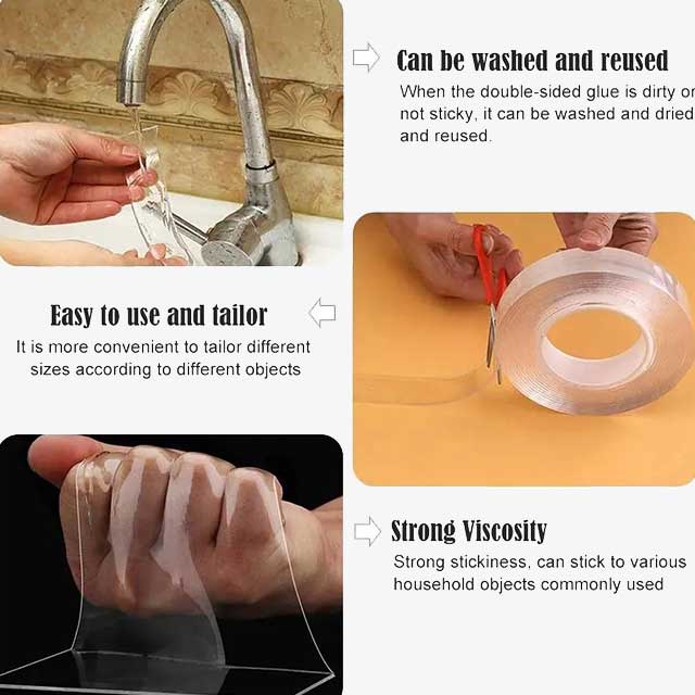 Reusable Double-Sided Transparent Tape – Strong, Washable Adhesive for Home, Office & Crafting