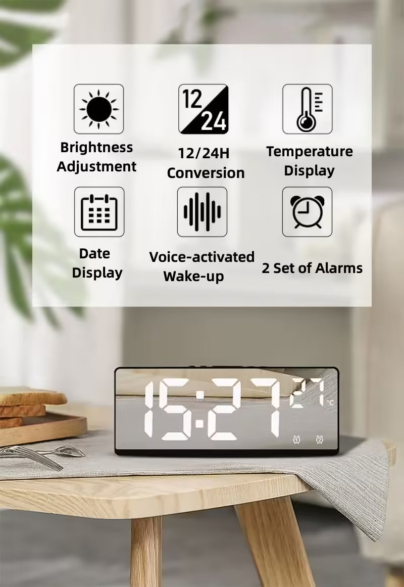 Digital Alarm Clock – Temperature Display, Dual Alarm, Snooze, Night Mode, 12/24H LED Desk Clock