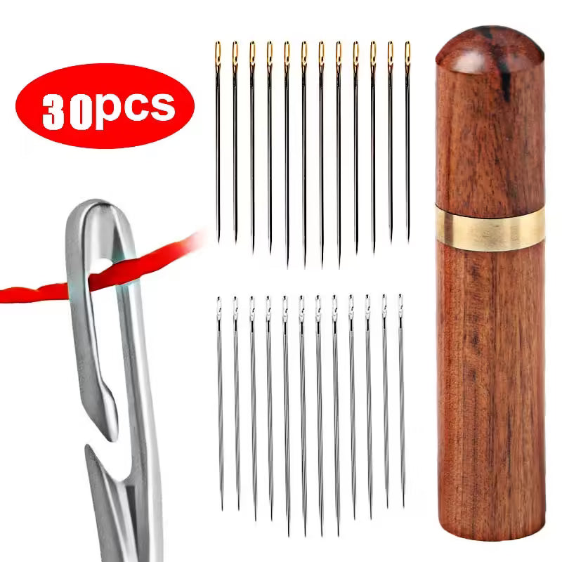 30pcs Self-Threading Blind Sewing Needles – Stainless Steel Quick Automatic Stitching Pins for DIY & Elderly Use