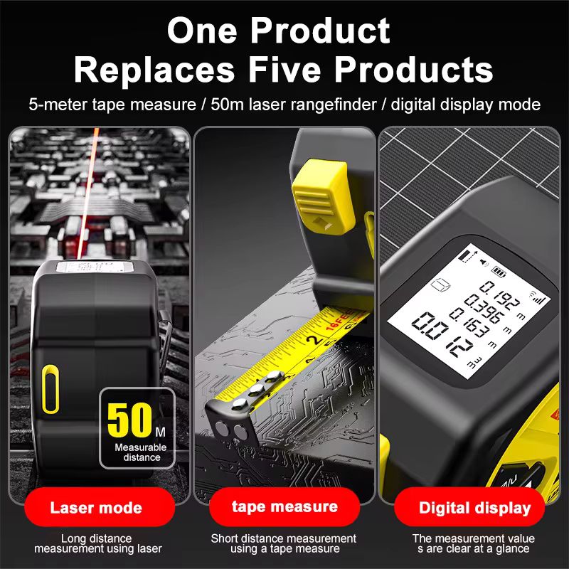 2-in-1 Laser Tape Measure 50m/5m – High Precision Digital Laser Distance Meter with 5m Steel Tape, LCD Backlit Display (±2mm, Model AC-90)