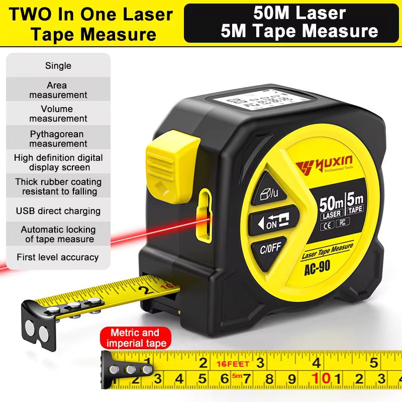 2-in-1 Laser Tape Measure 50m/5m – High Precision Digital Laser Distance Meter with 5m Steel Tape, LCD Backlit Display (±2mm, Model AC-90)