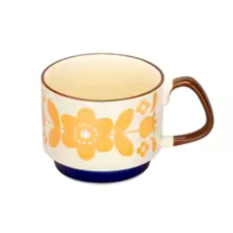 300ml Japanese Retro Floral Coffee Mug Set – Handcrafted Ceramic Oatmeal & Milk Cup – Vintage Flower Design Office Water Mug with Ergonomic Handgrip (300ml)