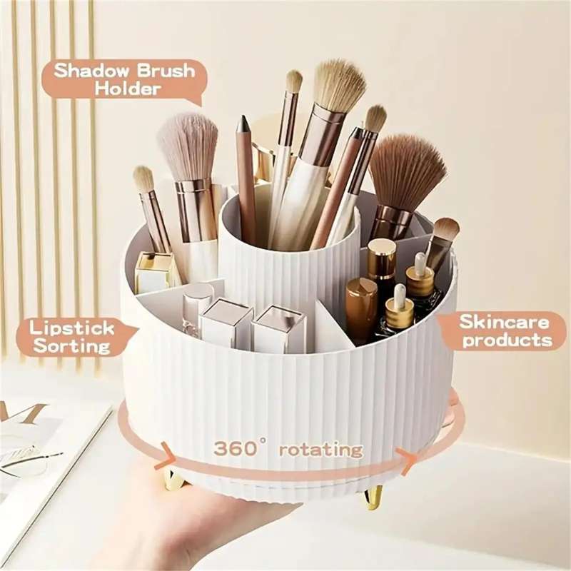 360° Rotating Makeup Organizer – 5-Compartment Desktop Cosmetic Storage Box – Multi-Functional Spin Holder for Makeup Brushes, Lipsticks, and Eyebrow Pencils – Compact Vanity Table Stationery Organizer
