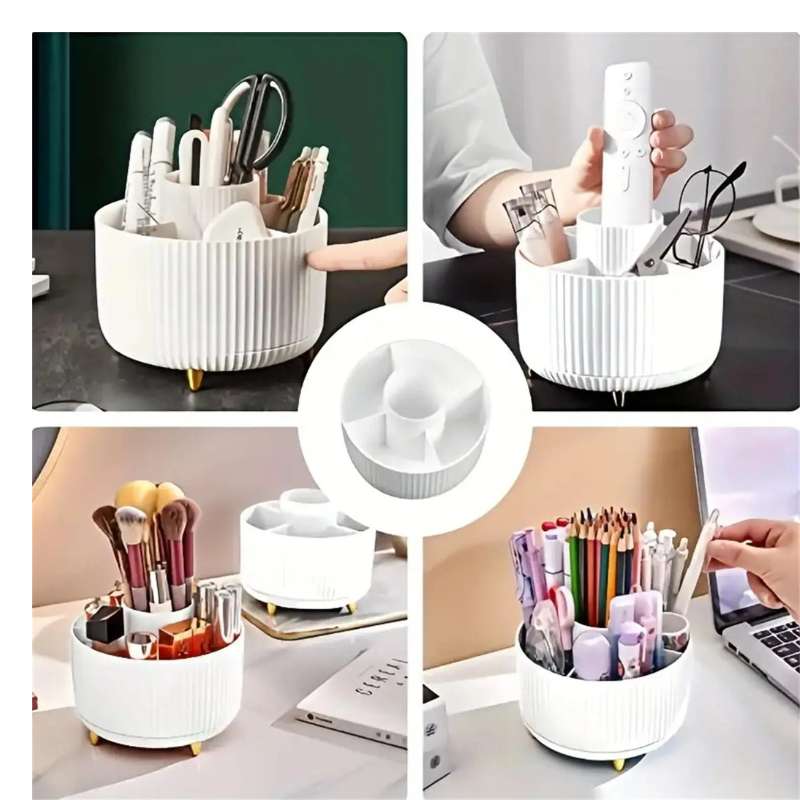 360° Rotating Makeup Organizer – 5-Compartment Desktop Cosmetic Storage Box – Multi-Functional Spin Holder for Makeup Brushes, Lipsticks, and Eyebrow Pencils – Compact Vanity Table Stationery Organizer