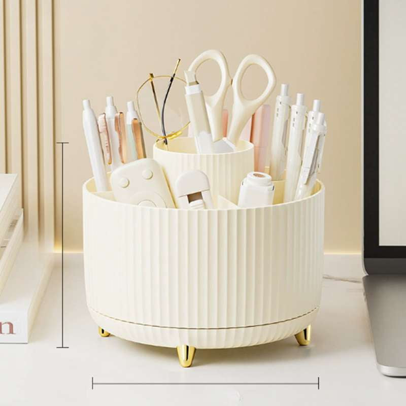 360° Rotating Makeup Organizer – 5-Compartment Desktop Cosmetic Storage Box – Multi-Functional Spin Holder for Makeup Brushes, Lipsticks, and Eyebrow Pencils – Compact Vanity Table Stationery Organizer