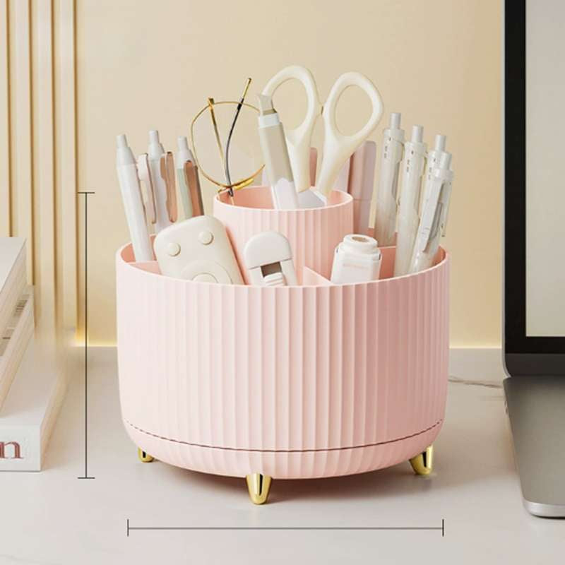 360° Rotating Makeup Organizer – 5-Compartment Desktop Cosmetic Storage Box – Multi-Functional Spin Holder for Makeup Brushes, Lipsticks, and Eyebrow Pencils – Compact Vanity Table Stationery Organizer