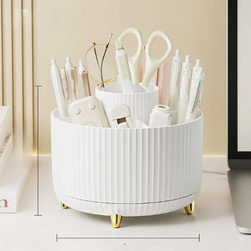 360° Rotating Makeup Organizer – 5-Compartment Desktop Cosmetic Storage Box – Multi-Functional Spin Holder for Makeup Brushes, Lipsticks, and Eyebrow Pencils – Compact Vanity Table Stationery Organizer