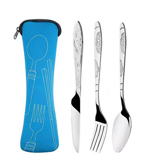 3PCS Portable Stainless Steel Cutlery Set – Printed Knife, Fork & Spoon with Bag for Camping & Dining