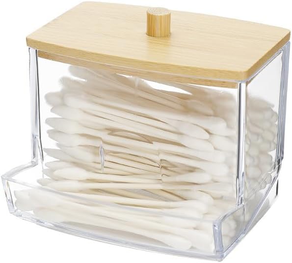 Cotton Swab Holder with Bamboo Lid – Clear Acrylic Q-Tip Storage Organizer for Bathroom Vanity (8.7 × 7 × 7 cm)