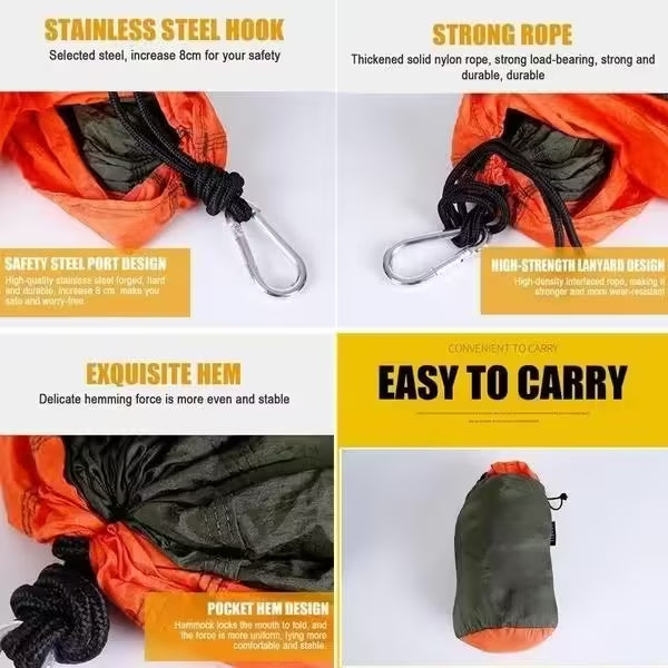 Adventure-Ready Portable Camping Hammock - High Strength Parachute Fabric, Nylon Color Matching, Single Person Hanging Bed