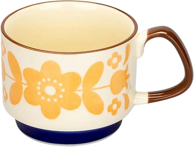 300ml Japanese Retro Floral Coffee Mug Set – Handcrafted Ceramic Oatmeal & Milk Cup – Vintage Flower Design Office Water Mug with Ergonomic Handgrip (300ml)