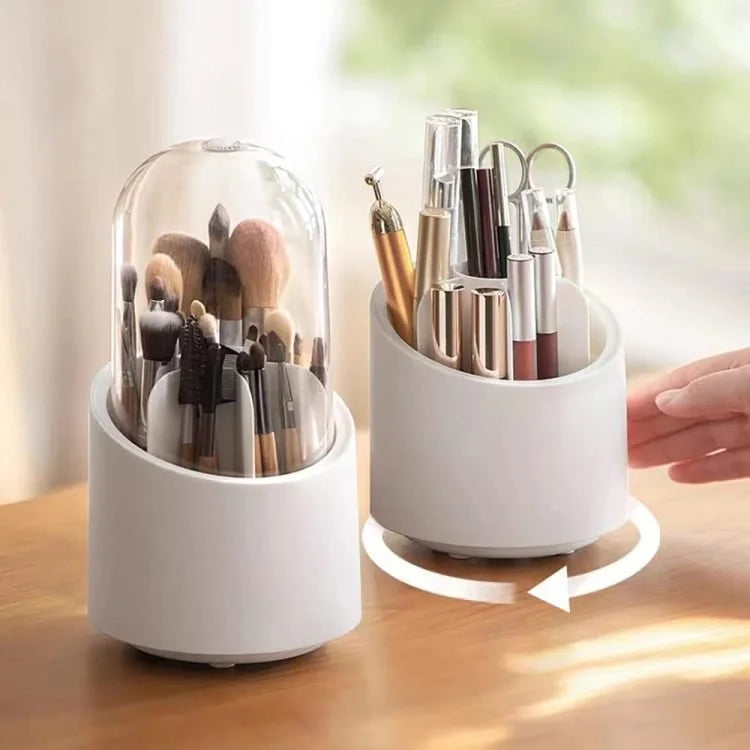 360° Rotating Makeup Brush Holder with Lid – Dustproof Cosmetic Organizer Box with Clear Acrylic Cover for Vanity & Desktop Storage