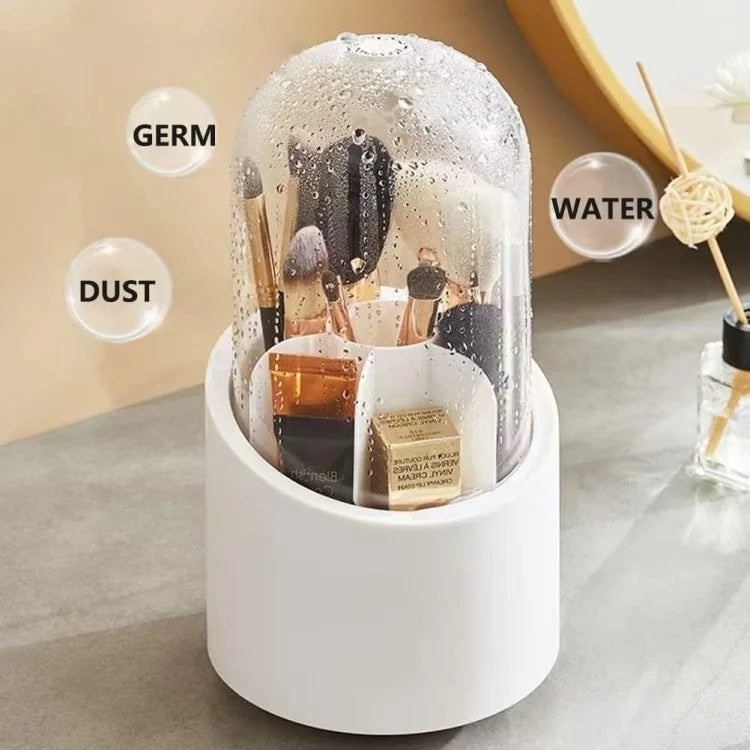 360° Rotating Makeup Brush Holder with Lid – Dustproof Cosmetic Organizer Box with Clear Acrylic Cover for Vanity & Desktop Storage