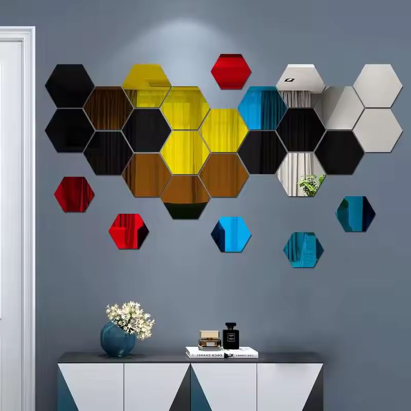 12pcs 3D Hexagon Mirror Wall Stickers – Rose Gold DIY Geometric Decals for Living Room, TV Background & Bathroom – Modern Home Wall Decor