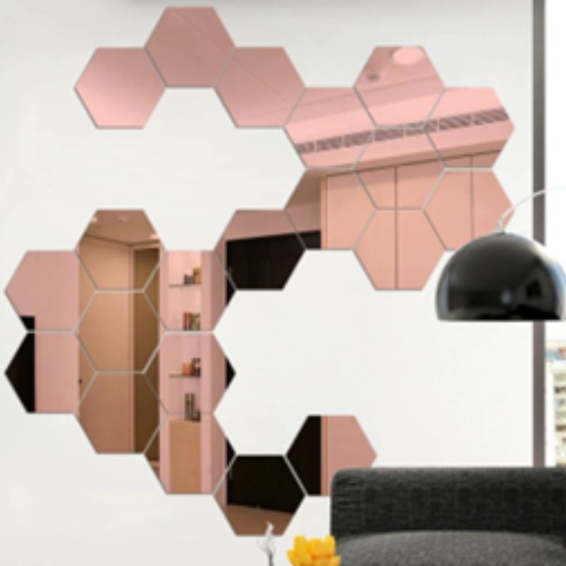 12pcs 3D Hexagon Mirror Wall Stickers – Rose Gold DIY Geometric Decals for Living Room, TV Background & Bathroom – Modern Home Wall Decor