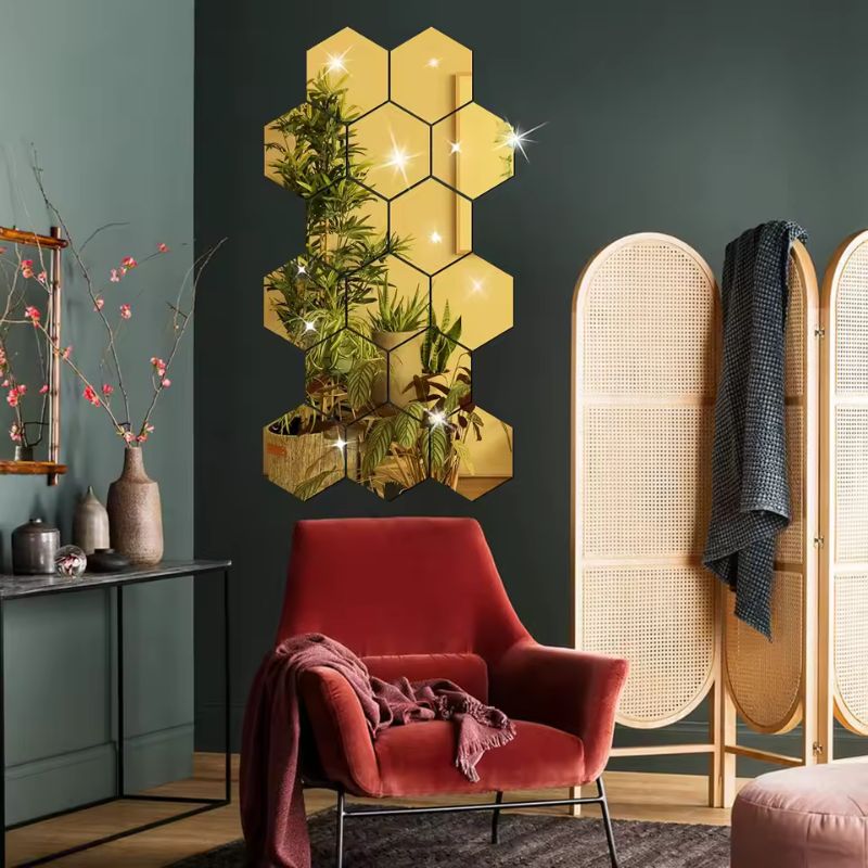 12pcs 3D Hexagon Mirror Wall Stickers – Rose Gold DIY Geometric Decals for Living Room, TV Background & Bathroom – Modern Home Wall Decor