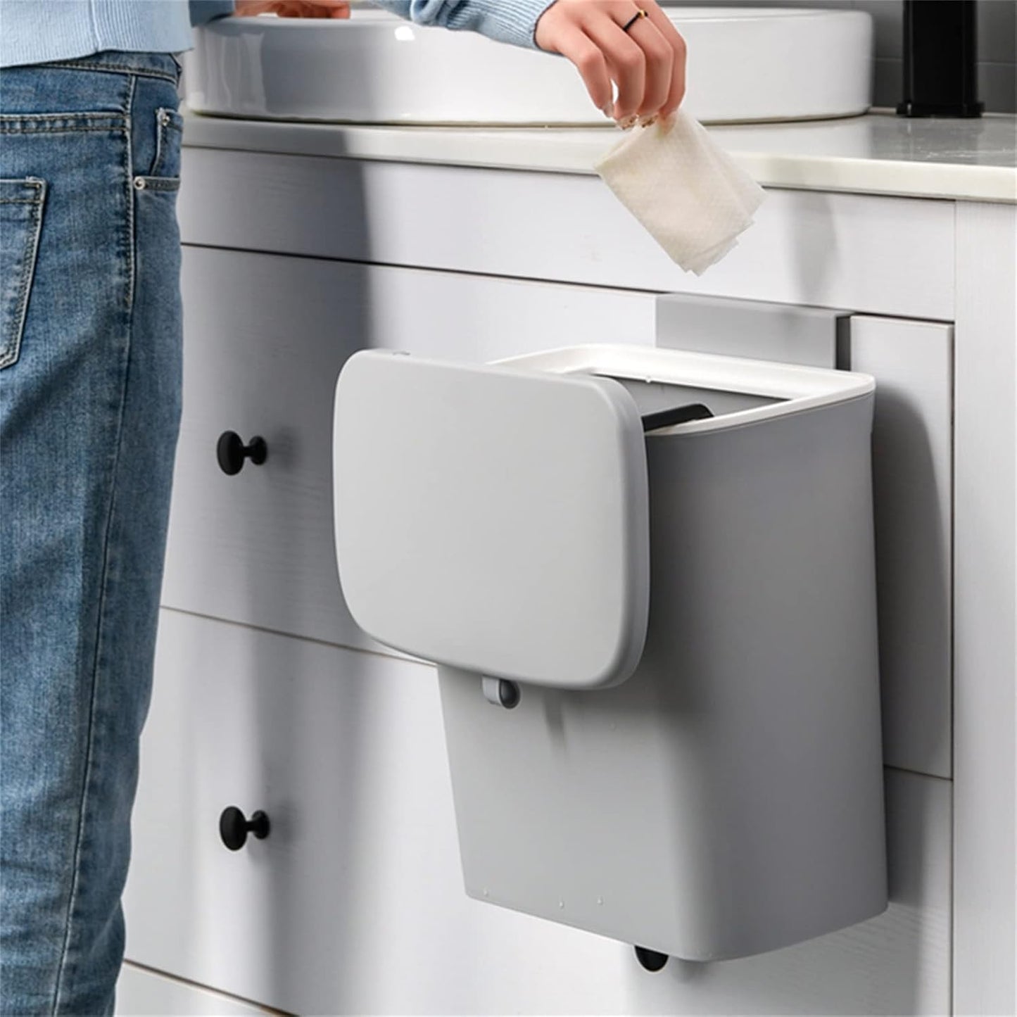 9L Hanging Kitchen Trash Can with Sliding Lid | Under Sink Cabinet Waste Bin for Kitchen, Bathroom & Office