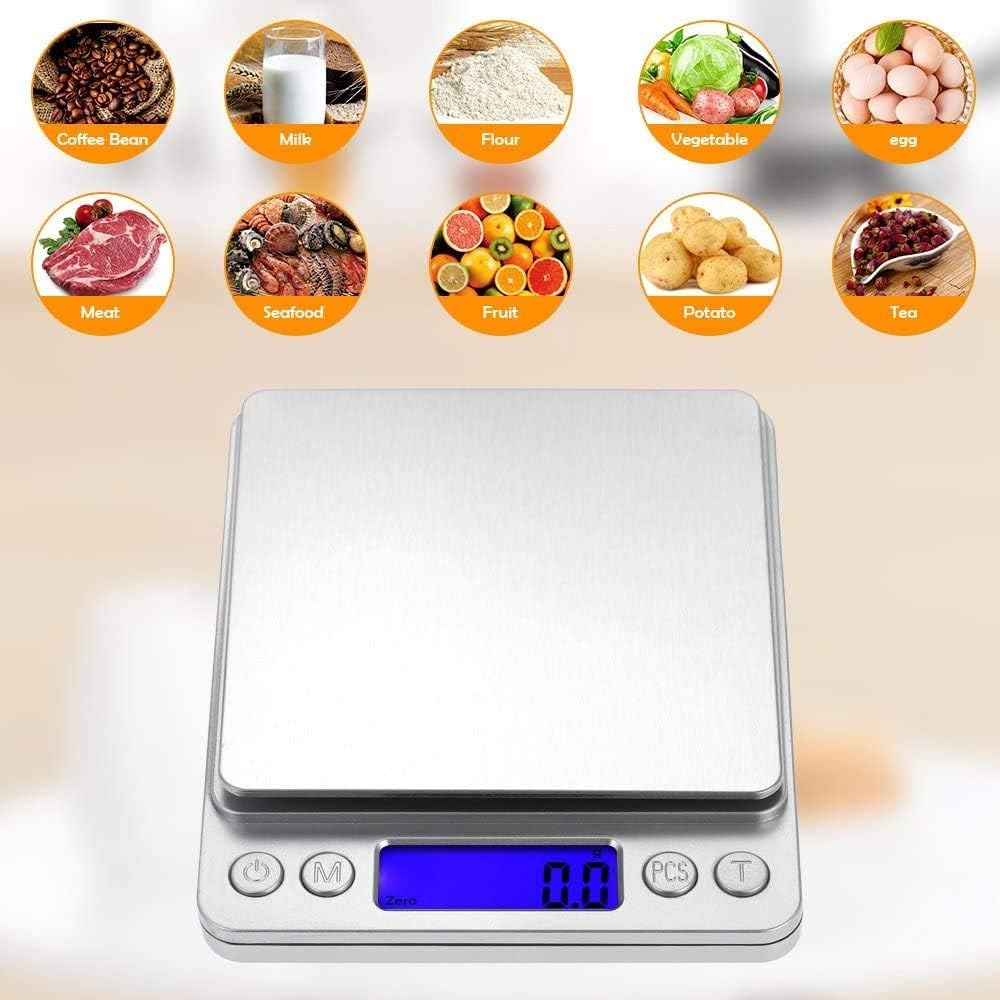 High Precision Digital Kitchen Scale – Electronic Food & Jewelry Scale with LCD Display, Stainless Steel Platform, Tare Function & Dual Trays