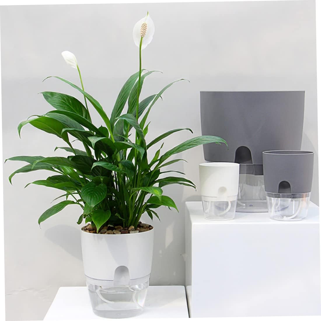 Transparent Double-Layer Self-Watering Flower Pot – Small Plastic Planter with Cotton Rope & Easy-Fill Injection Port (White / Gray)