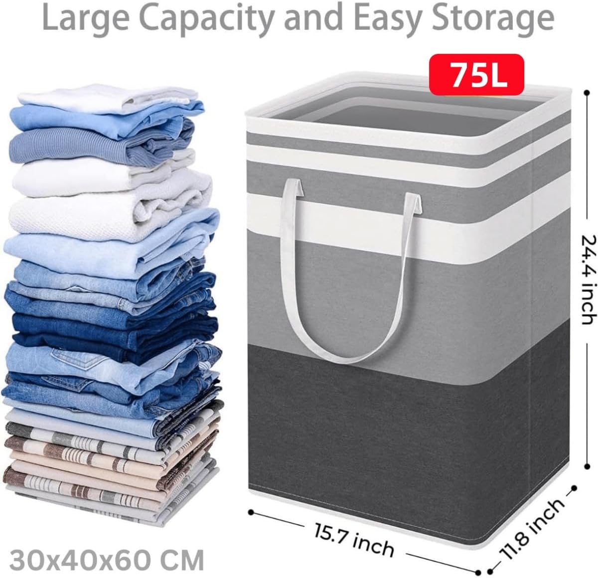 75L Large Laundry Basket with Reinforced Handles – 24" Tall Durable Dirty Clothes Hamper – Collapsible Storage Bag for Home, Dorms, and Hotels