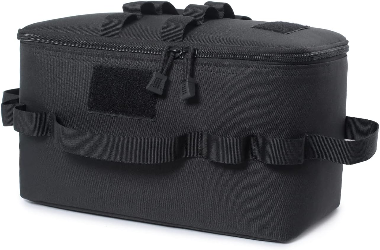 Tactical Utility Camping Tote – Heavy-Duty Cookware & Gas Tank Organizer – Modular Trunk Storage Bag with Adjustable Dividers & Shoulder Strap – Scratch-Resistant Travel Gear for Hiking & Camping