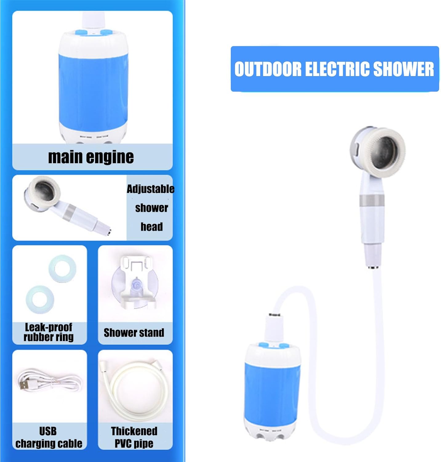 Blue basic model,Portable Camping Shower,No Need to Plug in,USB Charging Power Supply,Equipped with 6000 mAh Large Battery,Can be Used for Outdoor Shower,Outdoor Car Washing