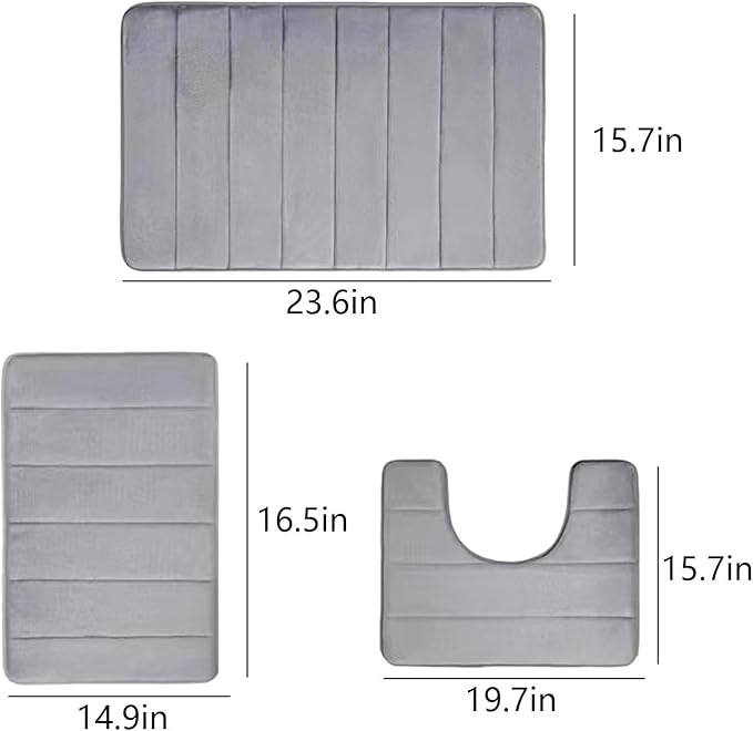 Memory Foam Bathroom Mat Set – 3 Piece Non-Slip Absorbent Bath Rug Set with U-Shaped Toilet Mat, Soft Quick-Dry Bathroom Floor Mats