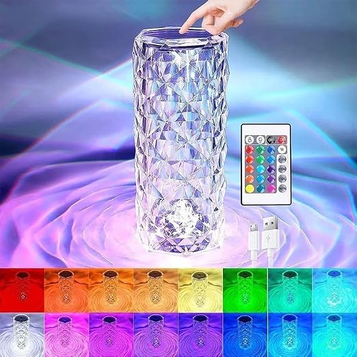 Rechargeable Crystal Diamond LED Table Lamp – 16 Color RGB Touch & Remote Control Night Light, USB Crystal Rose Lamp for Bedroom, Living Room & Home Decor