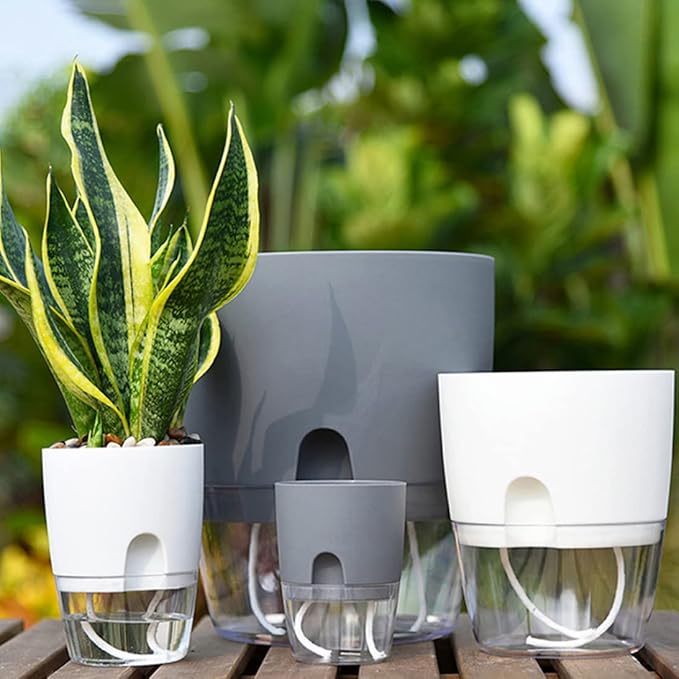 Transparent Double-Layer Self-Watering Flower Pot – Small Plastic Planter with Cotton Rope & Easy-Fill Injection Port (White / Gray)