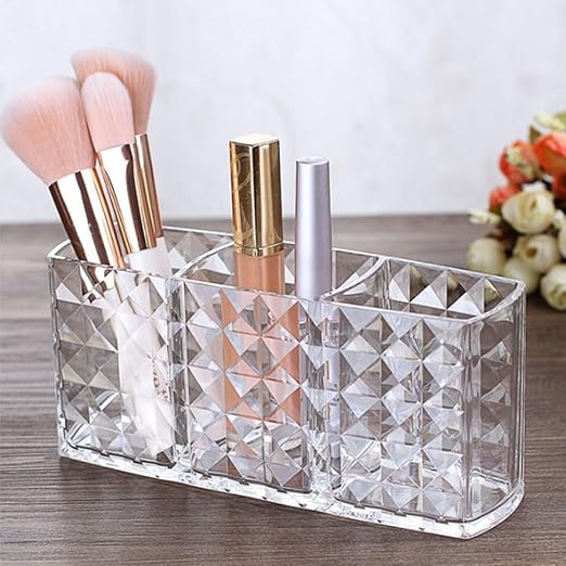 Transparent Acrylic Makeup Brush Holder Organizer – 3 Slot Cosmetic Storage for Makeup Brushes, Lipsticks, Eyeliners & Beauty Accessories