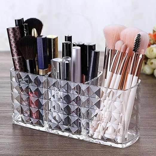 Transparent Acrylic Makeup Brush Holder Organizer – 3 Slot Cosmetic Storage for Makeup Brushes, Lipsticks, Eyeliners & Beauty Accessories