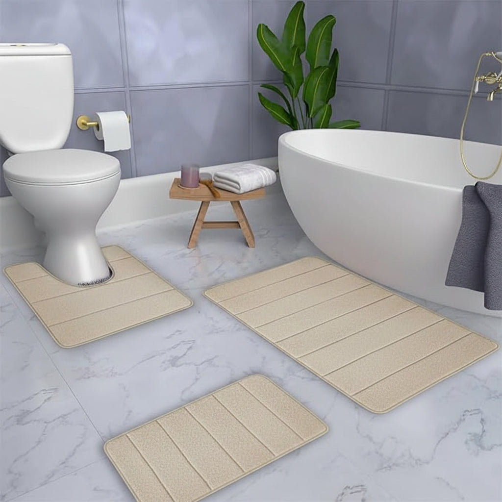 Memory Foam Bathroom Mat Set – 3 Piece Non-Slip Absorbent Bath Rug Set with U-Shaped Toilet Mat, Soft Quick-Dry Bathroom Floor Mats