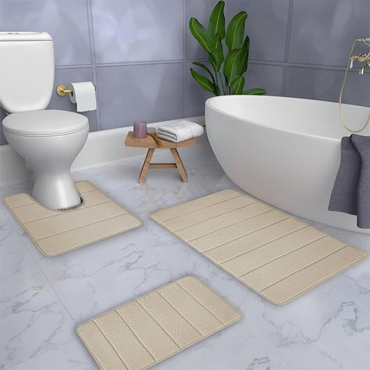 Memory Foam Bathroom Mat Set – 3 Piece Non-Slip Absorbent Bath Rug Set with U-Shaped Toilet Mat, Soft Quick-Dry Bathroom Floor Mats