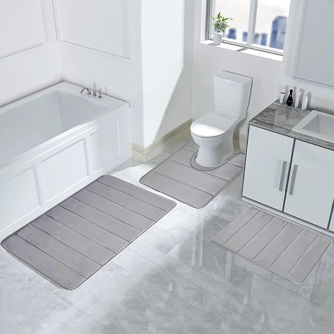 Memory Foam Bathroom Mat Set – 3 Piece Non-Slip Absorbent Bath Rug Set with U-Shaped Toilet Mat, Soft Quick-Dry Bathroom Floor Mats