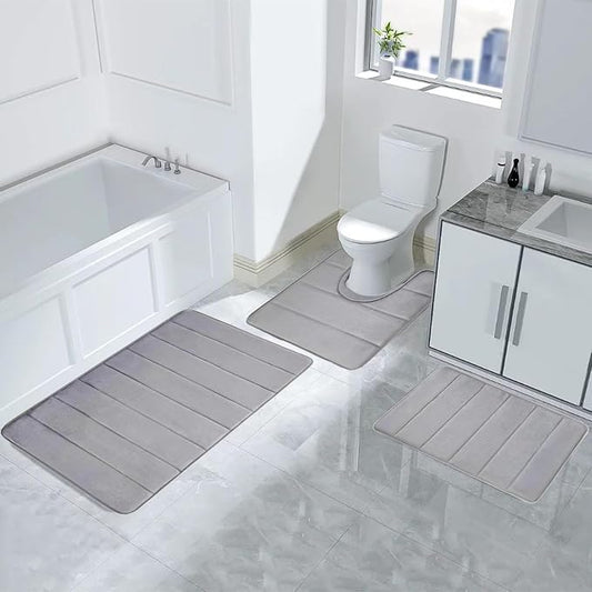 Memory Foam Bathroom Mat Set – 3 Piece Non-Slip Absorbent Bath Rug Set with U-Shaped Toilet Mat, Soft Quick-Dry Bathroom Floor Mats