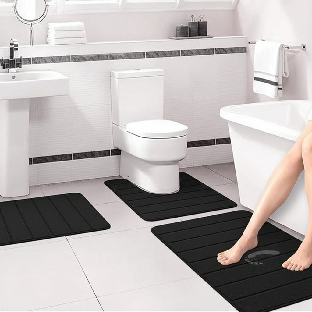 Memory Foam Bathroom Mat Set – 3 Piece Non-Slip Absorbent Bath Rug Set with U-Shaped Toilet Mat, Soft Quick-Dry Bathroom Floor Mats