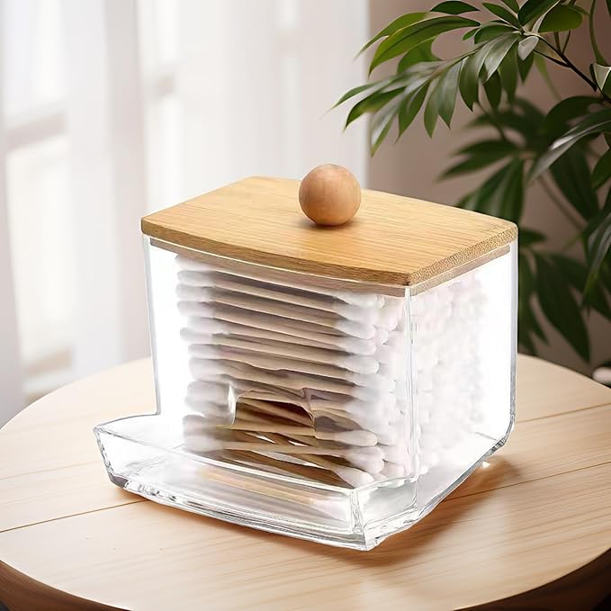 Cotton Swab Holder with Bamboo Lid – Clear Acrylic Q-Tip Storage Organizer for Bathroom Vanity (8.7 × 7 × 7 cm)