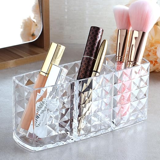 Transparent Acrylic Makeup Brush Holder Organizer – 3 Slot Cosmetic Storage for Makeup Brushes, Lipsticks, Eyeliners & Beauty Accessories