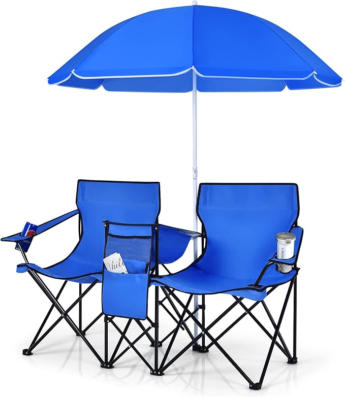 Double Folding Camping Chair with Detachable Umbrella – Portable 2-Person Picnic Chair with Cooler Bag, Cup Holders & Side Pockets for Beach, Garden & Outdoor Camping